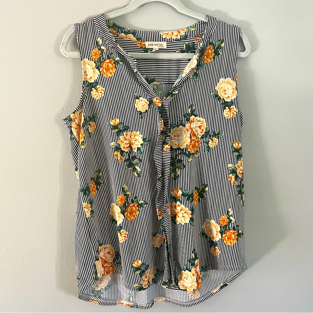 Faith and Joy floral tank top with black and white stripes size M